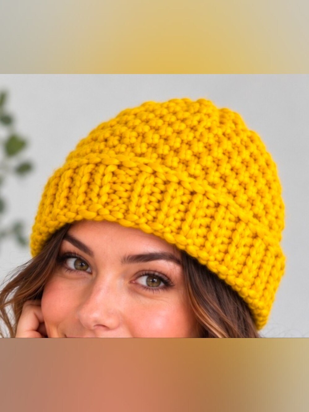 Yellow Chunky Knit Slouchy Beanie Hat Wool Blend Winter Cap
